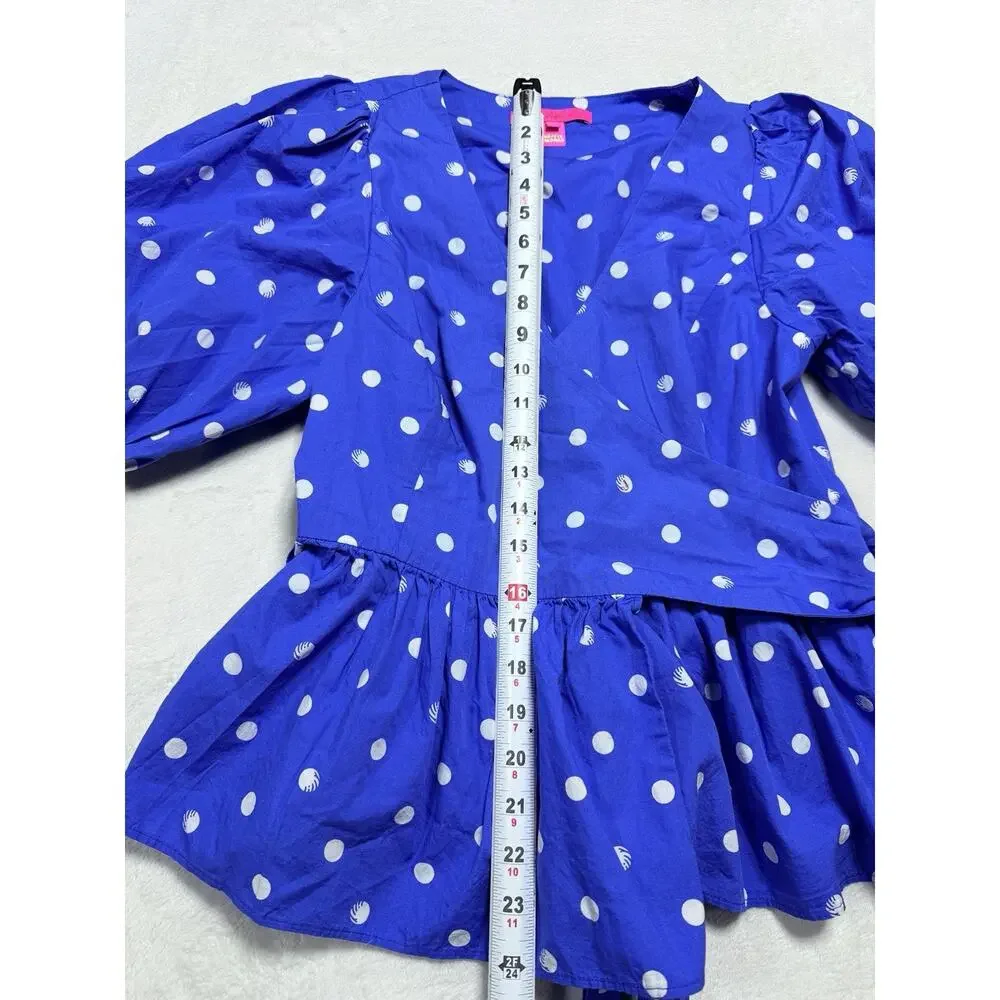 Lilly Pulitzer Periwinkle Blue Sz 6 White Polka Dot Cotton Puff Sleeve Wrap Top